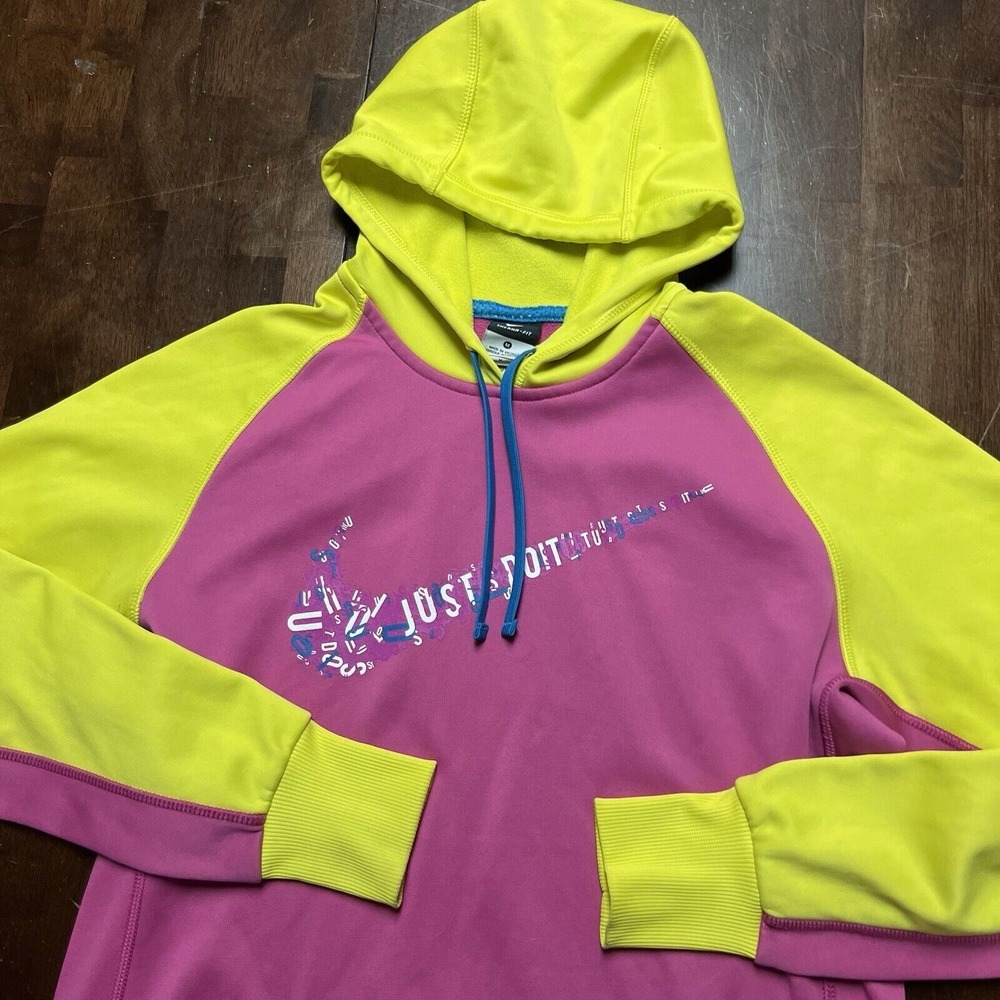 NIKE Therma-Fit Hooded Hoodie Pink Yellow Logo Sweatshirt Womens MED‎ Just Do It